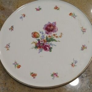 Vintage Erphila art pottery cake plate made in Germany 11 1/4"  tulip peony rose